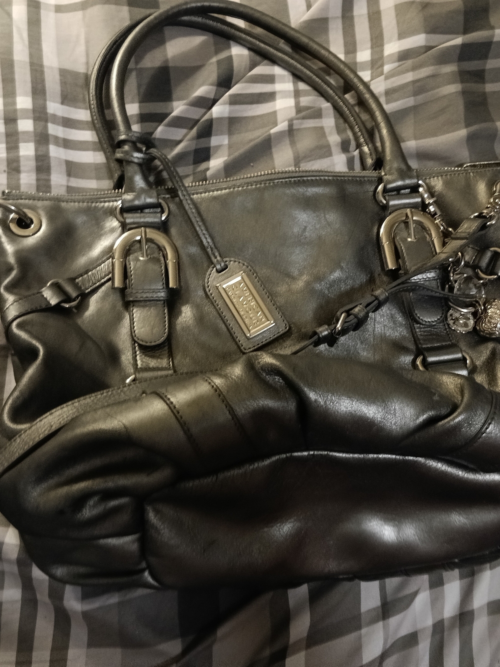 Metallic Grey/Black Leather Shoulder Bag with Polished Hardware